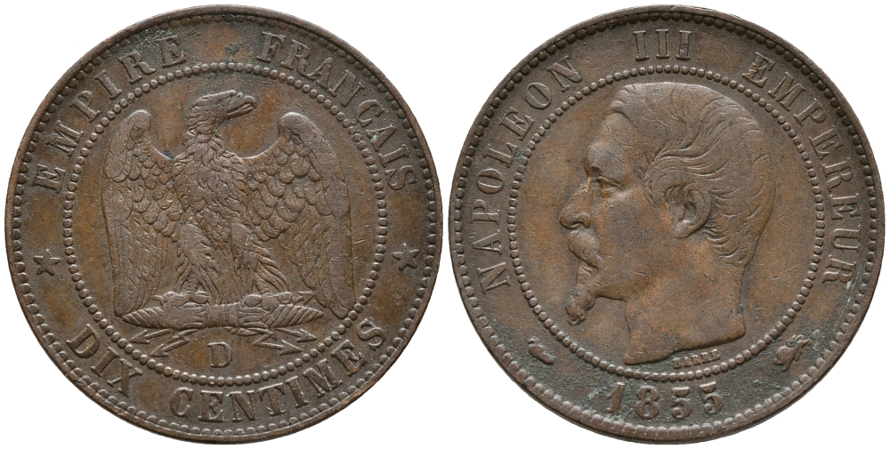 ФРАНЦИЯ 10 САНТИМОВ 1855 D, НАПОЛЕОН III (1852-1870) KM 771.4, LE FRANC 133.24 бронза 32-926