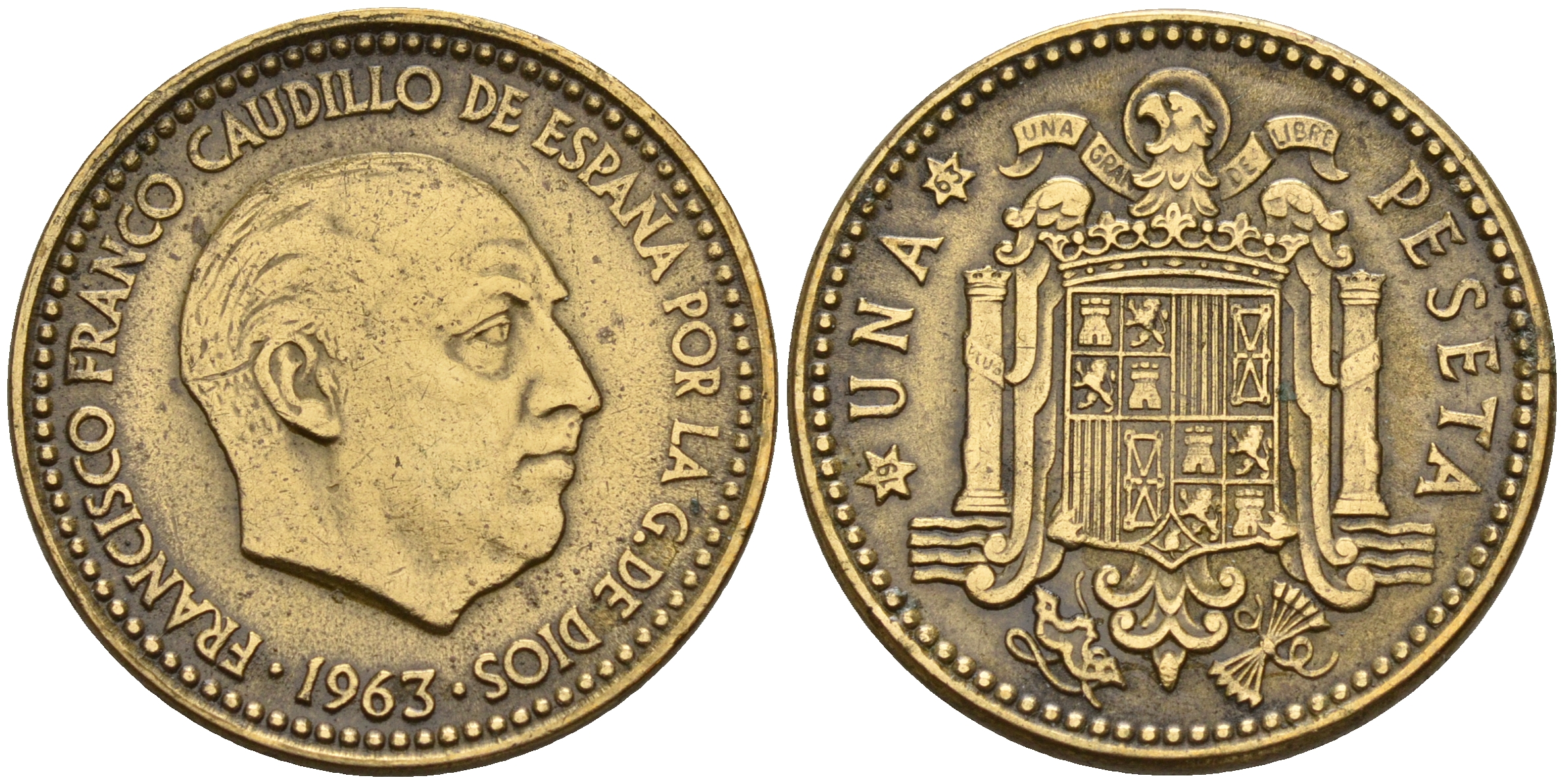 Испания 1 песета 1963 (63) Франсиско Франко (1939-1975) KM 775 алюминиевая бронза    4153-156