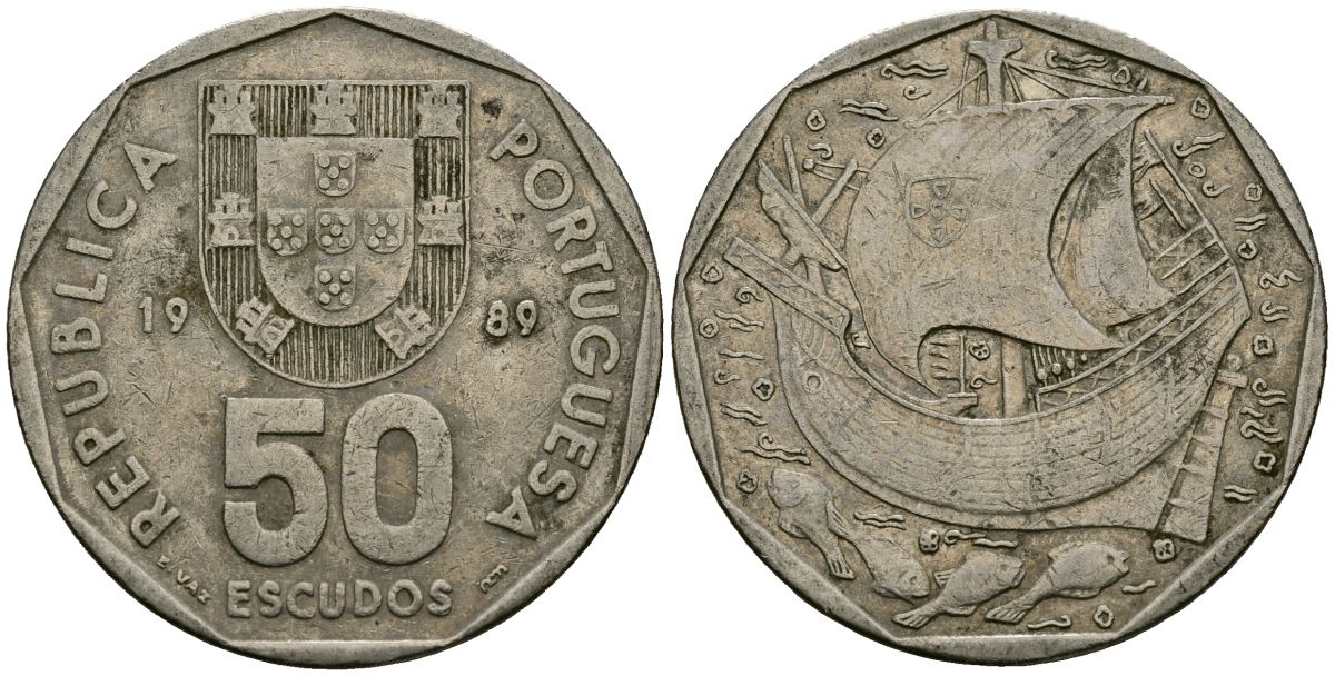 Португалия 50 эскудо 1989 KM 636 медно-никель 4120-1023