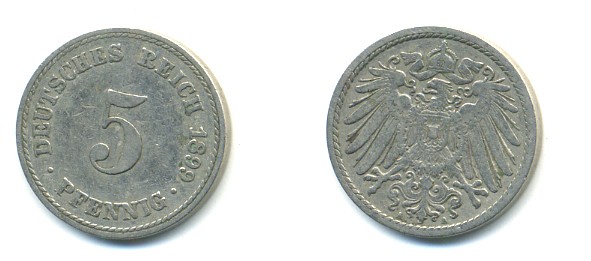 ГЕРМАНИЯ 5 ПФЕННИГОВ 1899 A, KM 11, J. 12 медно-никель 4379-513