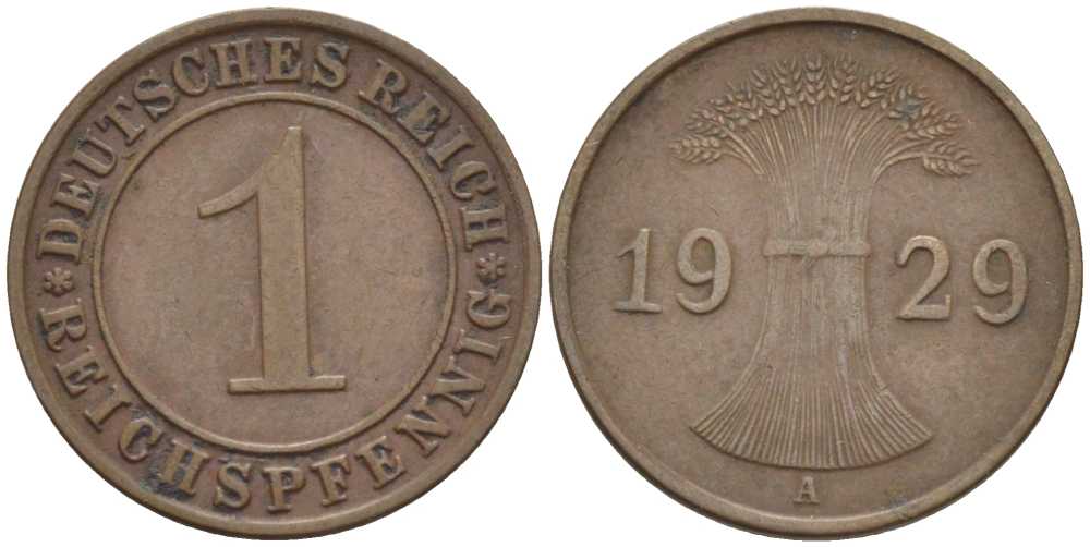 ГЕРМАНИЯ 1 РЕЙХСПФЕННИГ 1929 A KM 37, J. 313, Weege 2 бронза 211-117