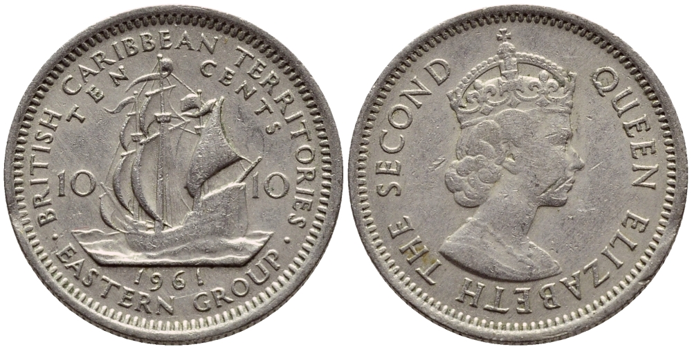 Британские Восточно-Карибские территории 10 центов 1961 Елизавета II (1952-2022), парусник KM 5 медно-никель 4387-849