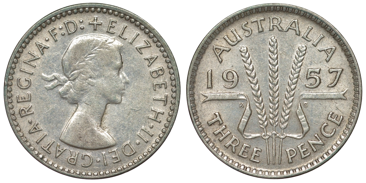 Австралия 3 пенса 1957 m, Елизавета II (1952-2022) KM 57 серебро 71-541