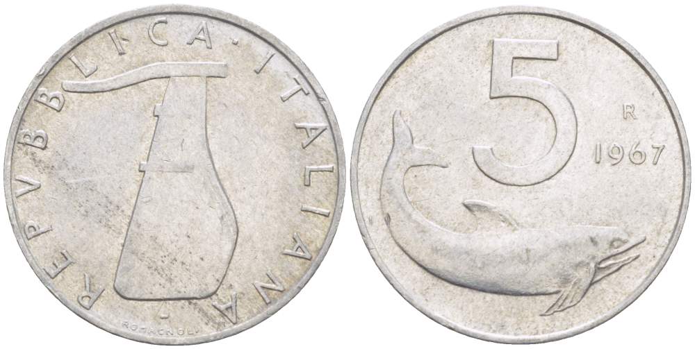 ИТАЛИЯ 5 ЛИР 1967 R, ДЕЛЬФИН, РУЛЬ KM 92 алюминий 4514-1027