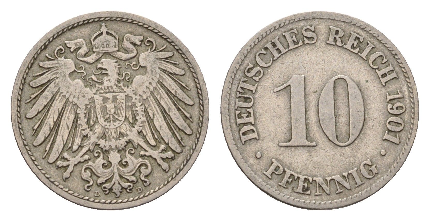 Германия 10 пфеннигов 1901 D, Вильгельм II (1888-1918) KM 12, J. 13 медно-никель 4636-836