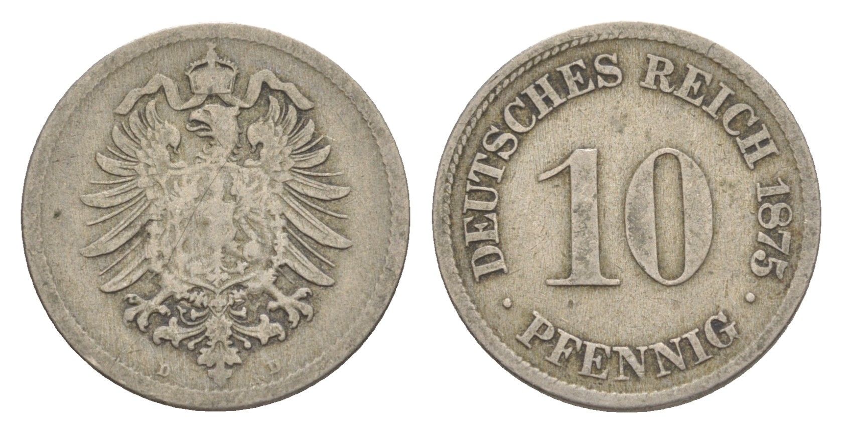 Германия 10 пфеннигов 1875 D, Вильгельм I (1871-1888) KM 4, J. 4 медно-никель 4640-215
