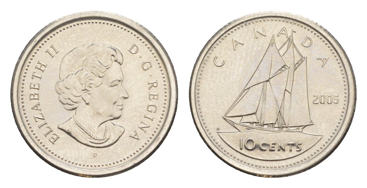 Канада 10 центов 2005 P, Елизавета II (1952-2022), парусник KM 492 сталь плакированная никелем UNC 4639-666