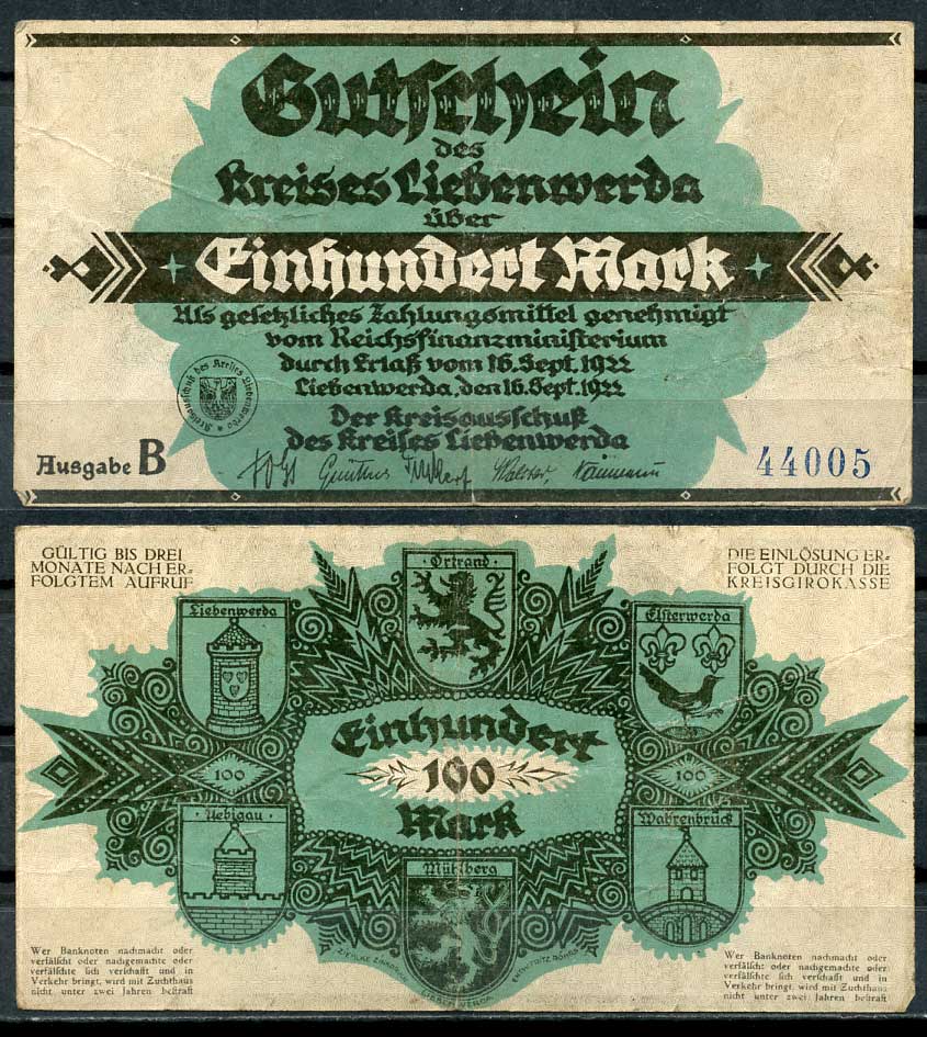 Германия, Либенверда 100 марок 1922 нотгельд, 16.09.1922, серия B, 5 цифр в номере M. 2720.3 бумага UNC (пресс) 00-00