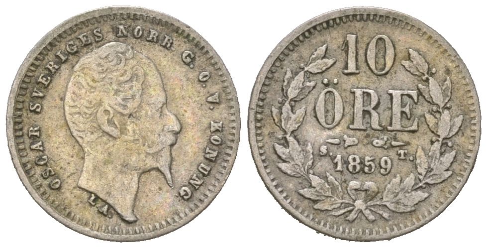 Швеция 10 эре 1859 ST, Оскар I (1844-1859) KM 683 серебро 4611-349