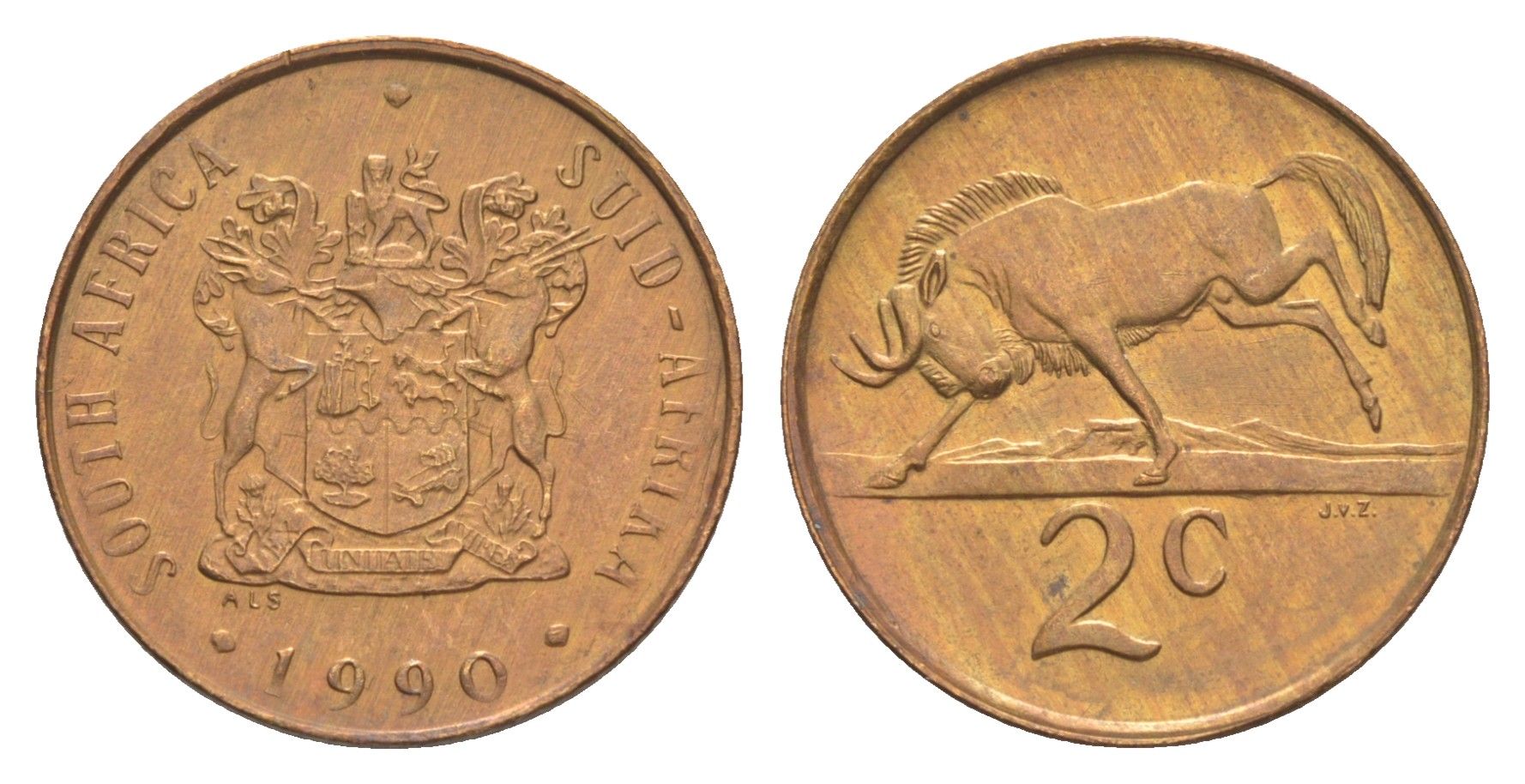 ЮАР 2 цента 1990 герб, антилопа гну KM 83 бронза UNC 4621-167