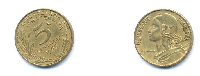 ФРАНЦИЯ 5 САНТИМОВ 1966 ТИП MARIANNE KM 933, LE FRANC 125.2 алюминиевая бронза 4379-932
