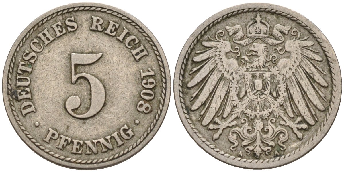 Германия 5 пфеннигов 1908 F KM 11, Jager 12, Weege 6 медно-никель 4151-469