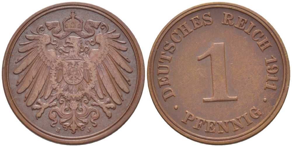 ГЕРМАНИЯ 1 ПФЕННИГ 1911 D KM 10, J. 10, Weege 2 медь 211-441
