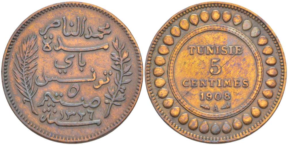 ТУНИС 5 САНТИМОВ 1908 АН1336, MUHAMMAD al-NASIR BEY KM 235 бронза 4523-751
