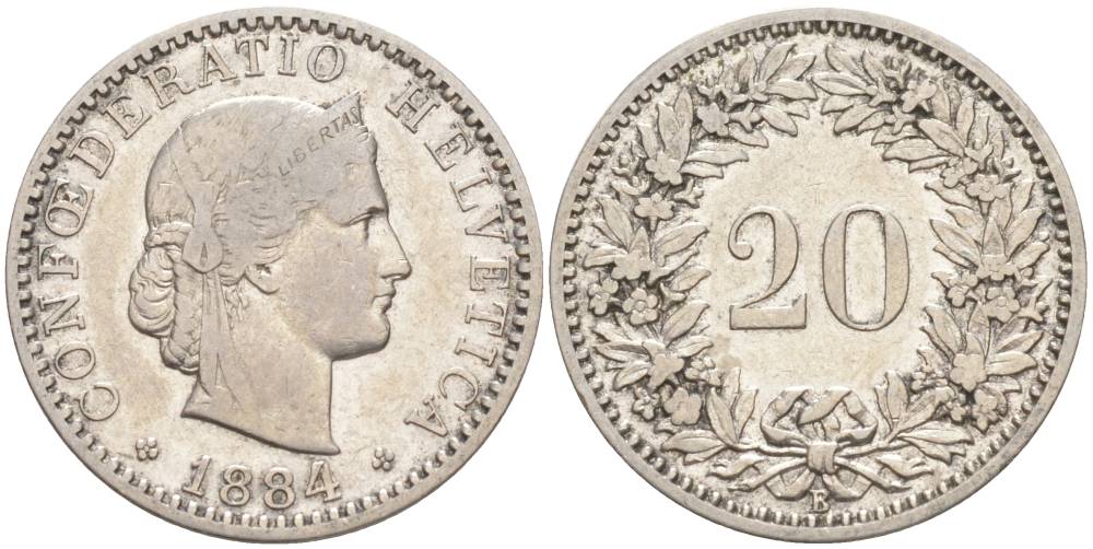ШВЕЙЦАРИЯ 20 РАППЕНОВ 1884 В KM 29 никель 55-555