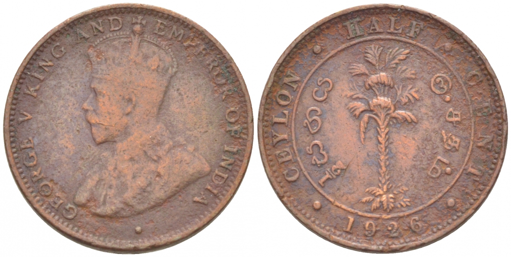 ЦЕЙЛОН 1/2 ЦЕНТА 1926 ГЕОРГ V KM 106 медь 112-251