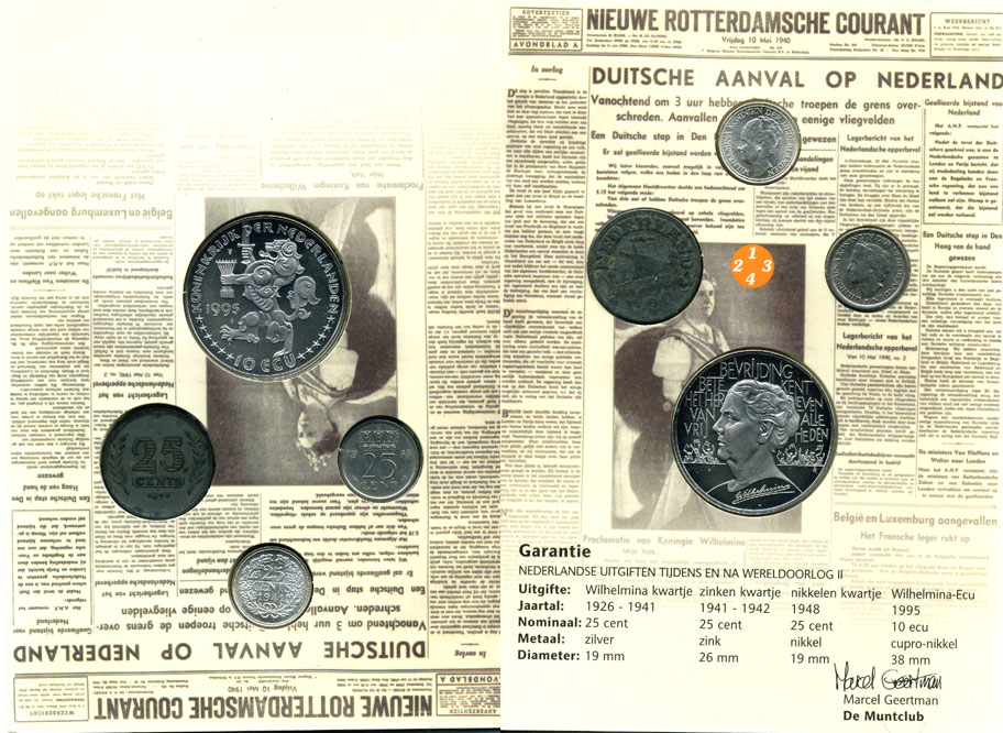 Нидерланды набор из 3 монет по 25 центов + 10 экю различные типажи монет времен правления королевы Вильгельмины 7-6-1-33