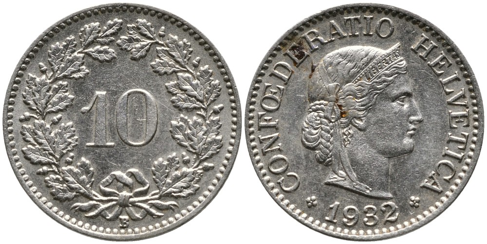 Швейцария 10 раппенов 1932 B KM 27b никель     4539-432