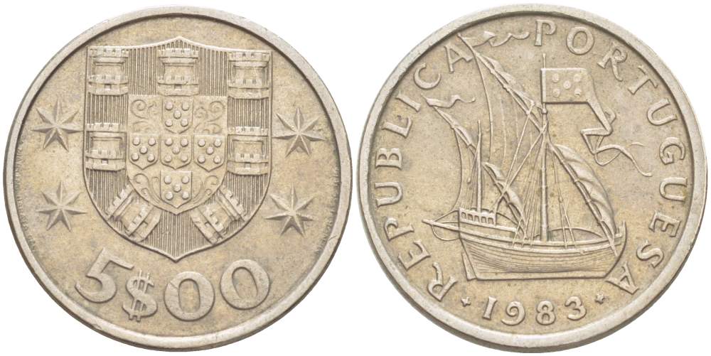 ПОРТУГАЛИЯ 5 ЭСКУДО 1983 ПАРУСНИК KM 591 медно-никель 4523-555