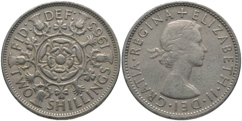 Великобритания 2 шиллинга (флорин) 1963 Елизавета II (1952-2022) KM 906, Spink 4146 медно-никель 114-243