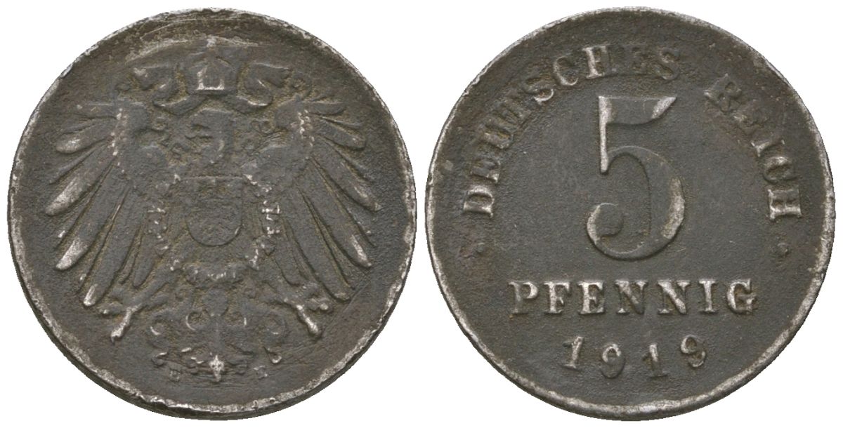 Германия 5 пфеннигов 1919 D KM 19, AKS 17, J 297, Schon DM 20, Neum 33 железо 4588-457