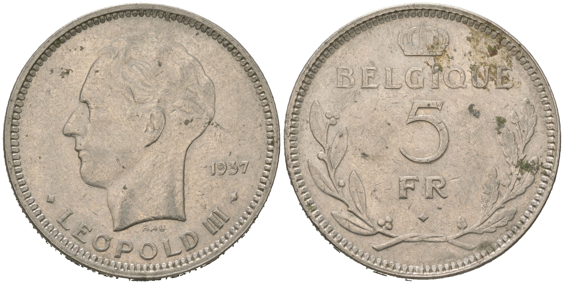 Бельгия 5 франков 1937 Belgique, Леопольд III (1934-1951) KM 108 никель 4140-422