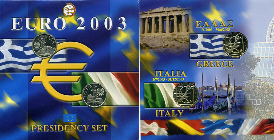 Бельгия евронабор из 12 монет + 2 жетонА 2003 президентство в евросоюзе, 12 монет по 1 евро всех стран еврозоны, Греция 1.1.2003 - 30.06.2003, Италия 1.07.2003 - 31.12.2003    UNC биметалл 5-4-5-27