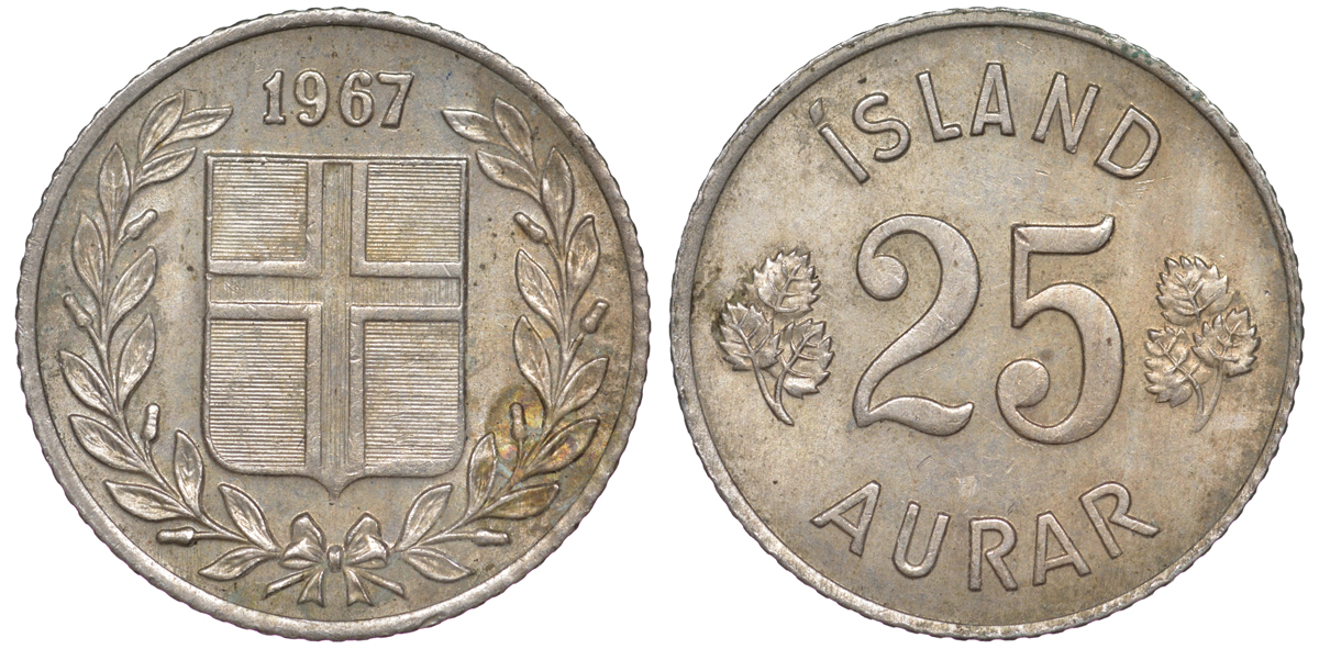 Исландия 25 эйре 1967 KM 11 медно-никель 4596-1114