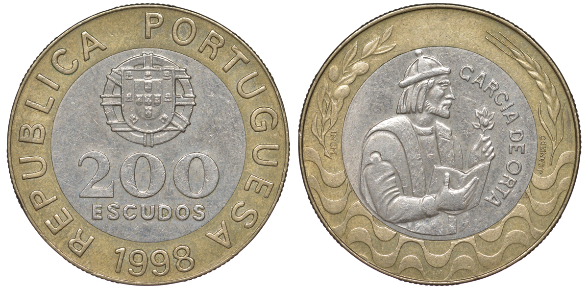 Португалия 200 эскудо 1998 Гарсия Де Орта (1501-1568) KM 655 биметалл 4536-142