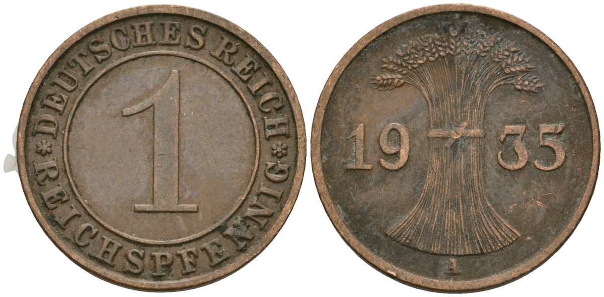 Германия 1 рейхспфенниг 1935 A KM 37, J. 313 бронза 4189-1257