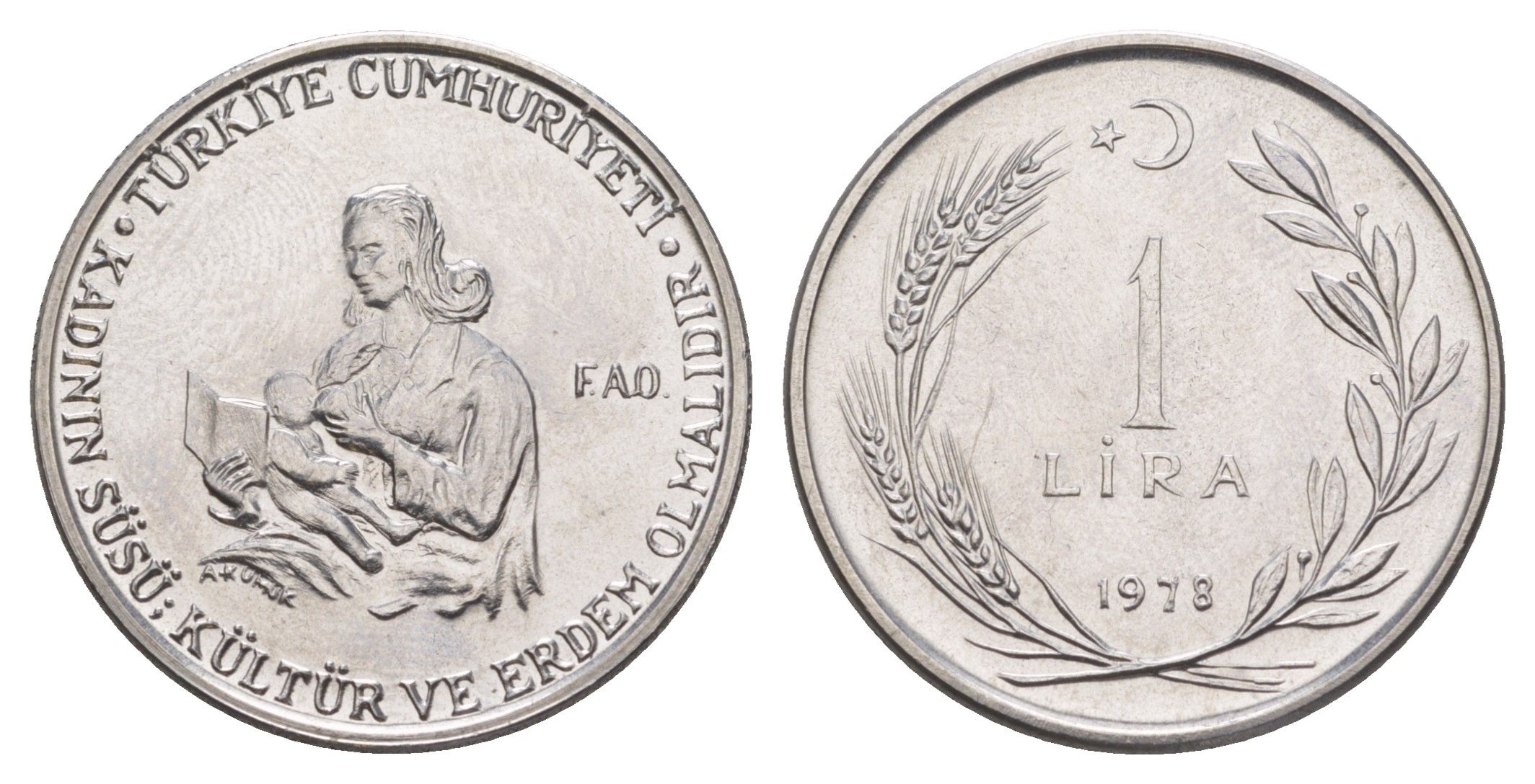 Турция 1 лира 1978 ФАО - Образование для сельских женщин, тираж 20.000 экземпляров KM 914 нержавеющая сталь BU 1521-1542