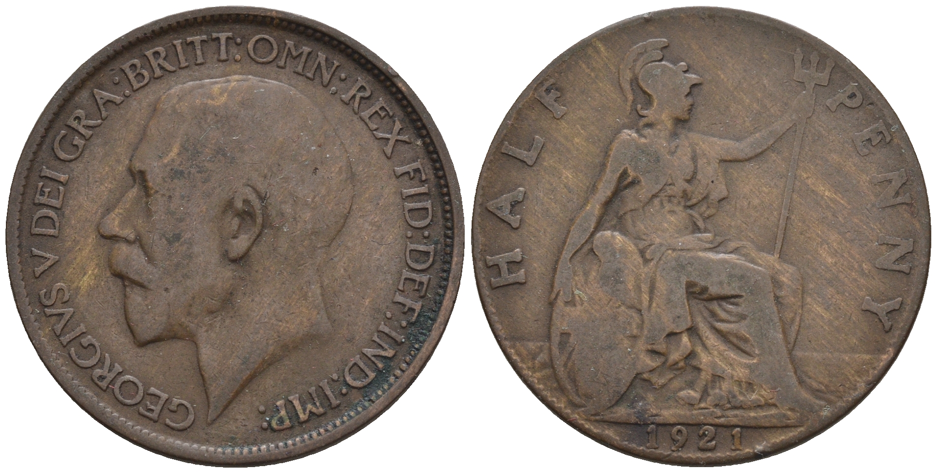 Великобритания 1/2 пенни 1921 Георг V (1910-1936) KM 809, Spink 4056 бронза 4610-643