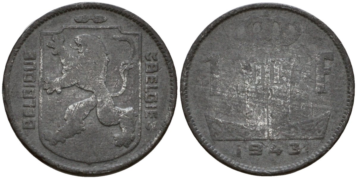 Бельгия 1 франк 1942 Belgique - Belgie KM 127 цинк 65-931