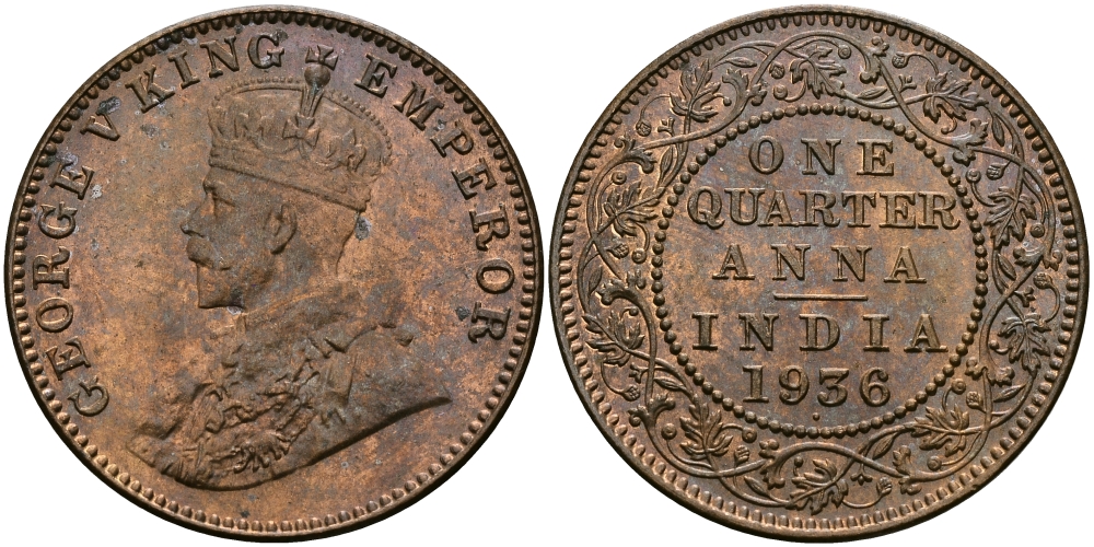 Британская Индия 1/4 анна 1936 Георг V (1910-1936) KM 512 бронза UNC 94-233