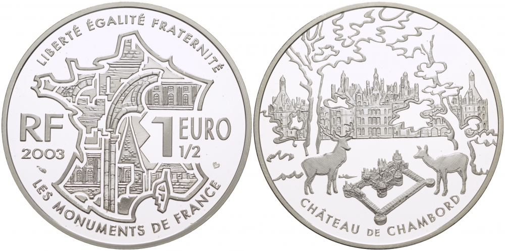 Франция 1 1/2 евро 2003 серия архитектура Франции, замок Шамбор KM 1355 серебро PROOF 02-224-14