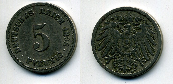 ГЕРМАНИЯ 5 ПФЕННИГОВ 1898 A, KM 11, J. 12 медно-никель 58-156
