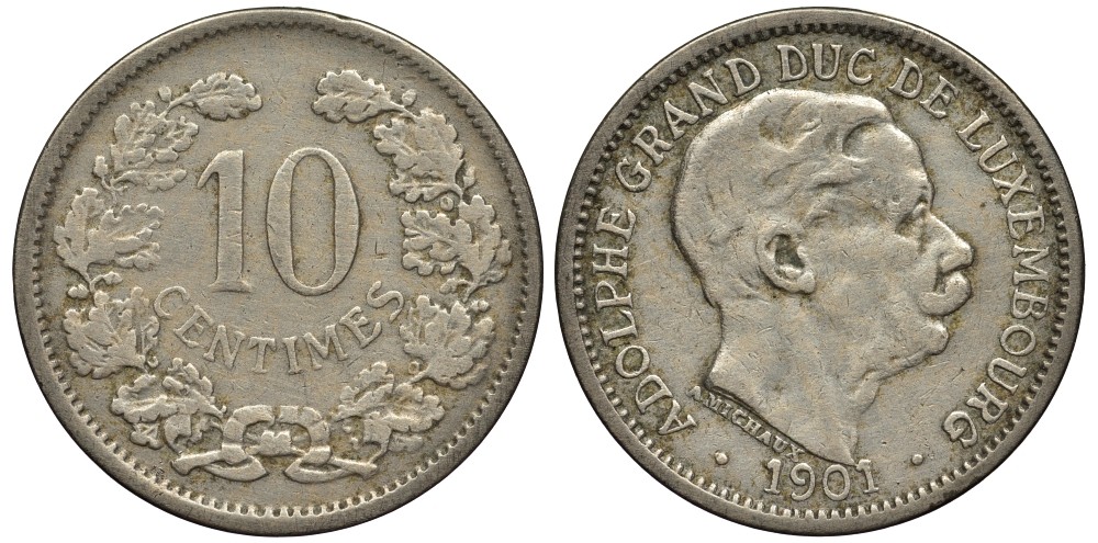 ЛЮКСЕМБУРГ 10 САНТИМОВ 1901 ВЕЛИКИЙ ГЕРЦОГ АДОЛЬФ (1890-1905) КМ 25 медно-никель 4538-711