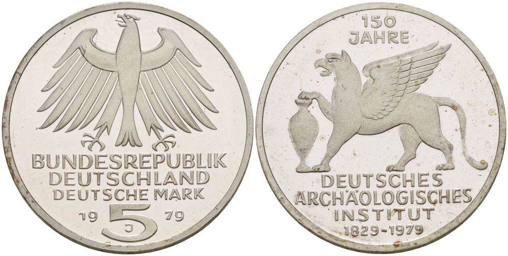 ФРГ 5 марок 1979 J, 150 лет со дня основания археологического института KM 150, J.425 серебро PROOF 02-117-57