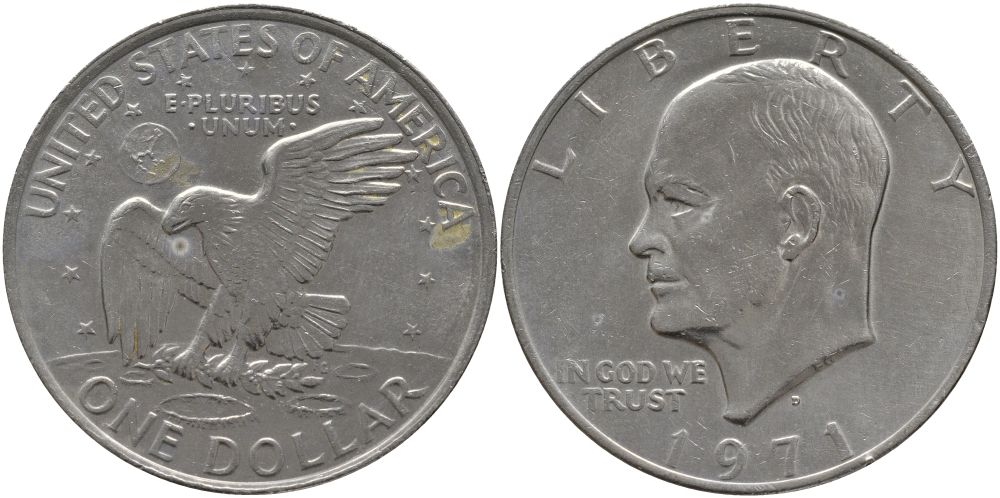 США 1 доллар 1971 D, Президент Эйзенхауэр, лунный орел KM 203 медь плакированная медно-никелем 118-715