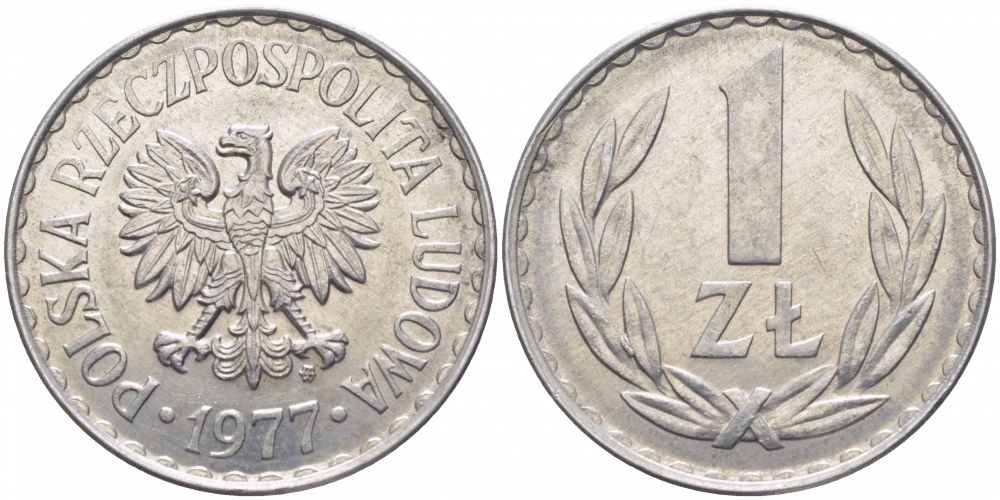 ПОЛЬША 1 ЗЛОТЫЙ 1977 MW KM 49.1 алюминий UNC 175-1152