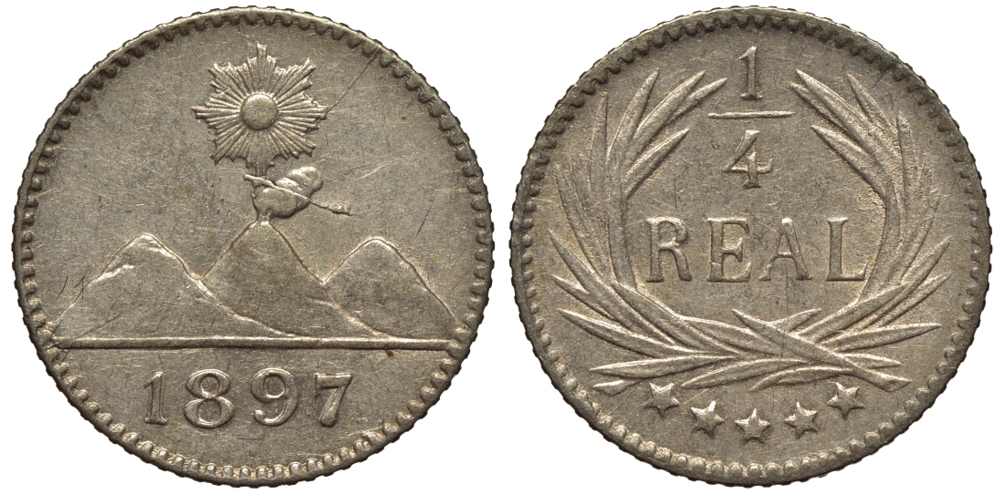 Гватемала 1/4 реала 1897 5 звезд, Испанское правление KM 162 серебро 4549-1152