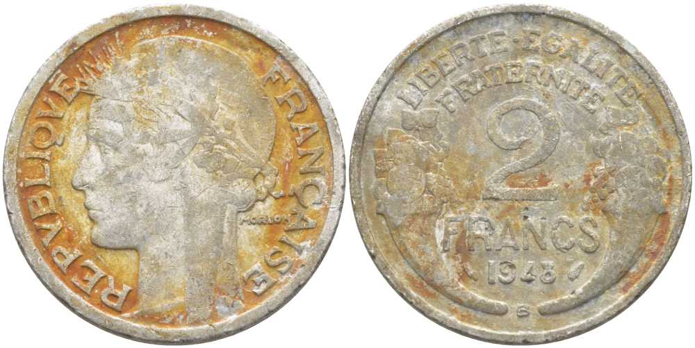 Франция 2 франка 1948 В KM 886a.2, LE FRANC 269.13 алюминий 109-1233
