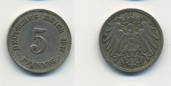 Германия 5 пфеннигов 1911 J KM 11, Jager 12, Weege 6 медно-никель 23-1414