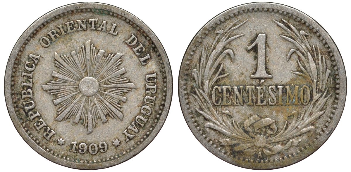 Уругвай 1 сентесимо 1909 KM 19 медно-никель 4169-618