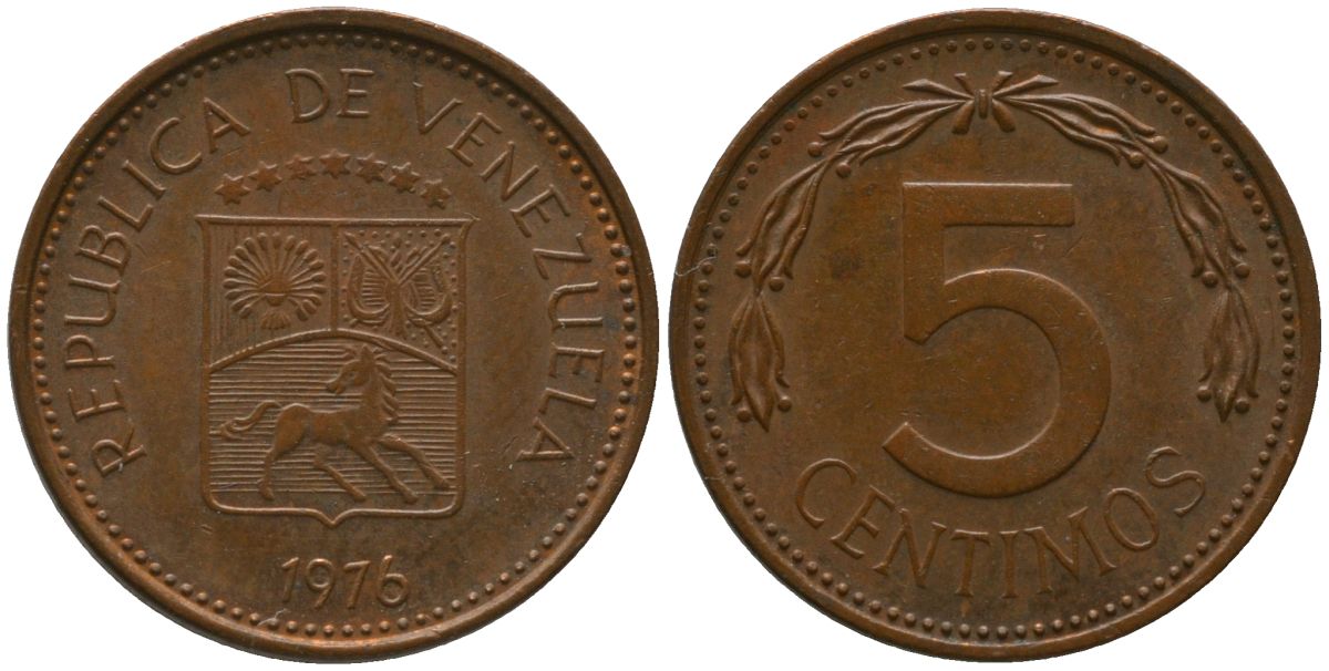 Венесуэла 5 сентимо 1976 KM 49 сталь плакированная бронзой 4576-649