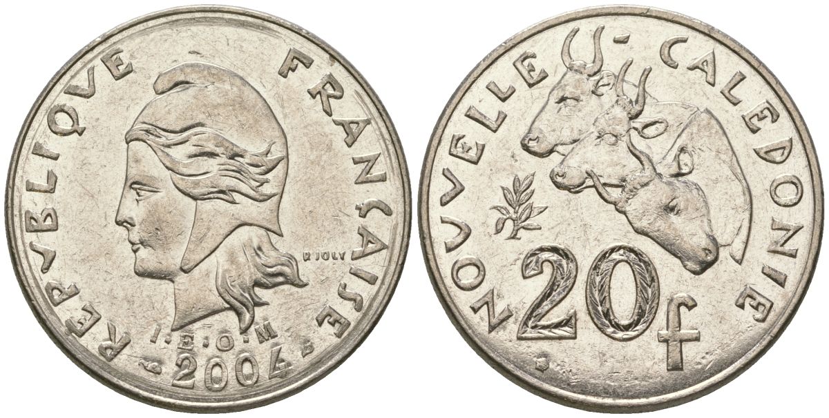 Французская Новая Каледония 20 франков 2004 три быка, (IEOM) KM 12, Schoen 14, Lec 115h никель 81-621