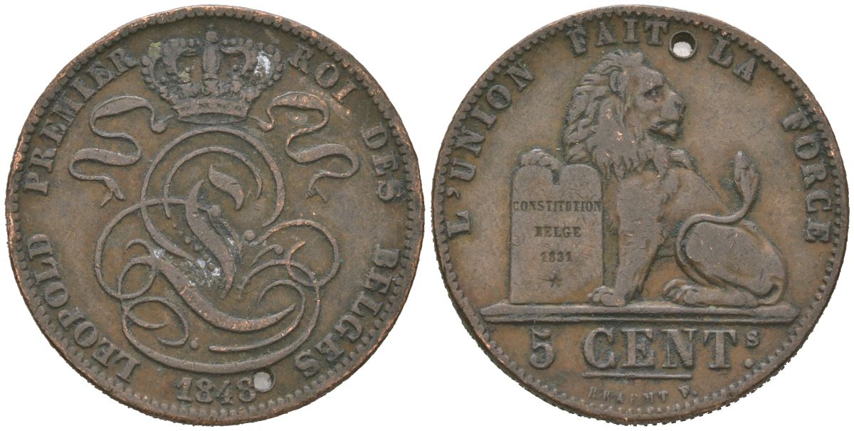 Бельгия 5 сантимов 1818 Леопольд I (1831-1865) KM 5.1 медь 113-1031