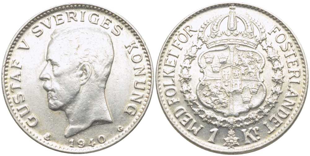 Швеция 1 крона 1940 G, Густав V (1907-1950) KM 786.2 серебро 119-1112