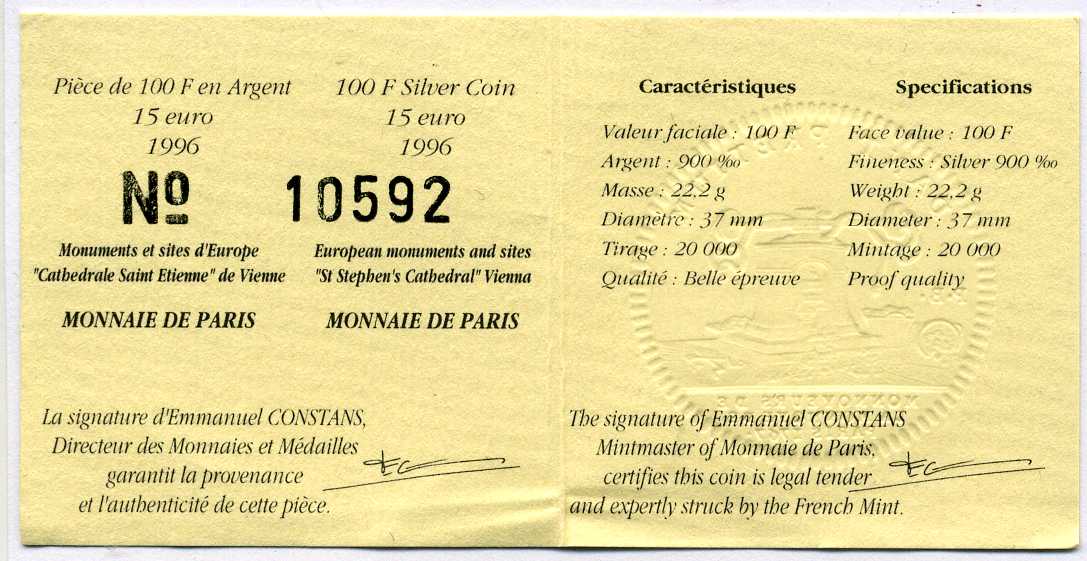 Франция 100 франков - 15 евро 1996 серия архитектурные монументы Европы, кафедральный собор Сент-Этьен в Вене, в оригинальной коробке, с сертификатом KM 1140 серебро PROOF 3-4-3-40