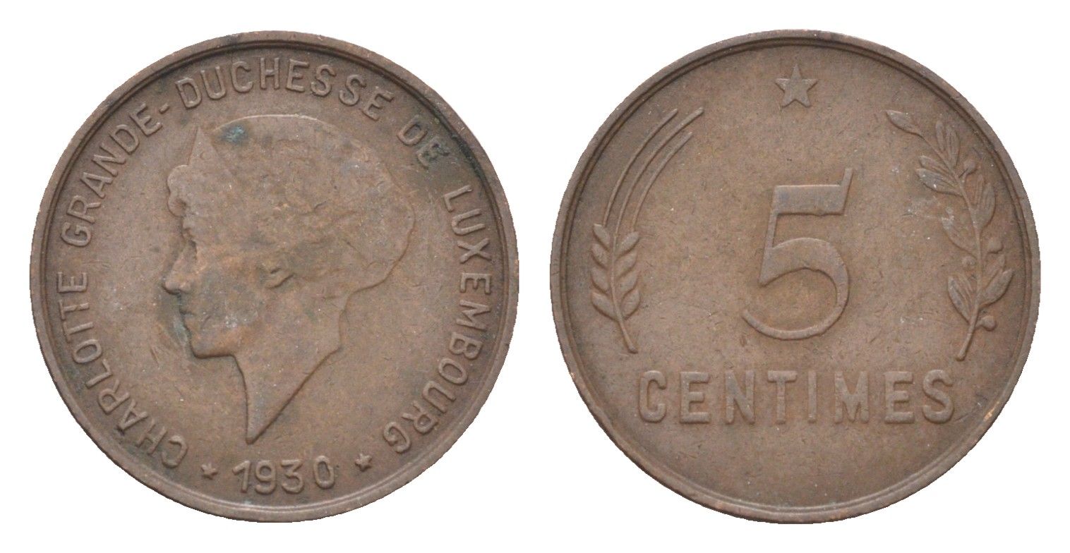 Люксембург 5 сантимов 1930 Шарлотта (1918-1964), год-тип KM 40 бронза 4705-554